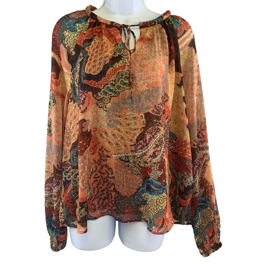 Joie Sheer Metallic Lined Tie Front Key Hole Long Sleeve Blouse Women's M